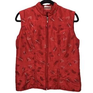 Baxter & Wells Quilted Embroidered Holly Mock Neck Grannycore Red Zip Vest S